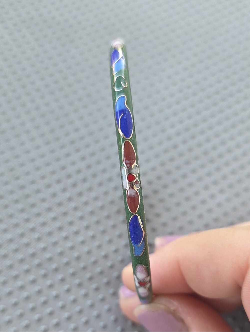 Cloisonne Floral Enamel Slim Bangle Bracelet in Green, Blue & Red